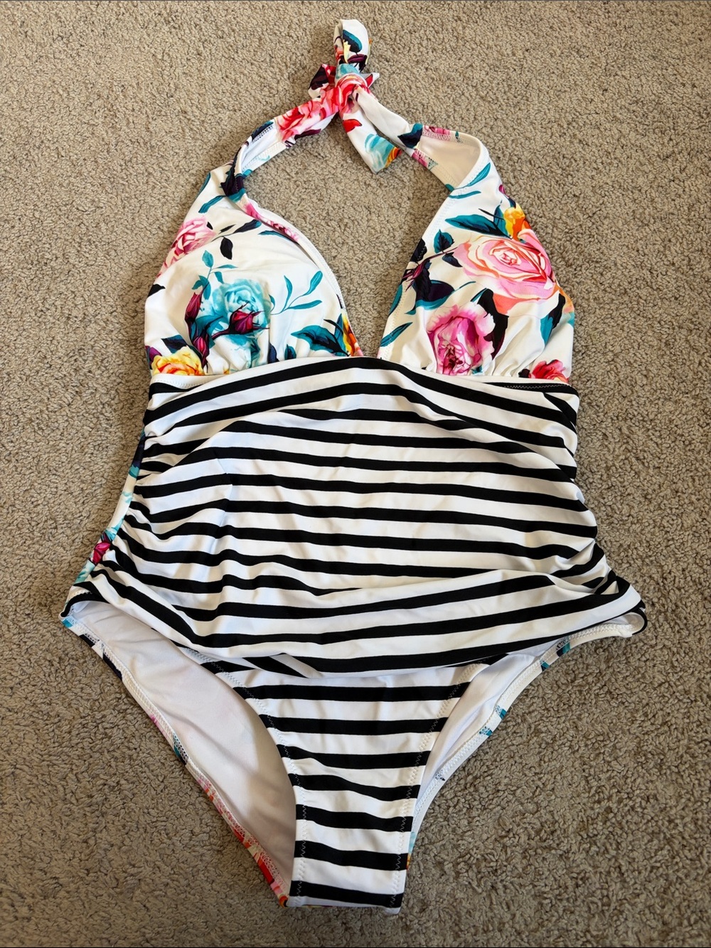 Cupshe Floral Black White Stripe Halter One Piece Swimsuit Bathing Suit 0X NWT